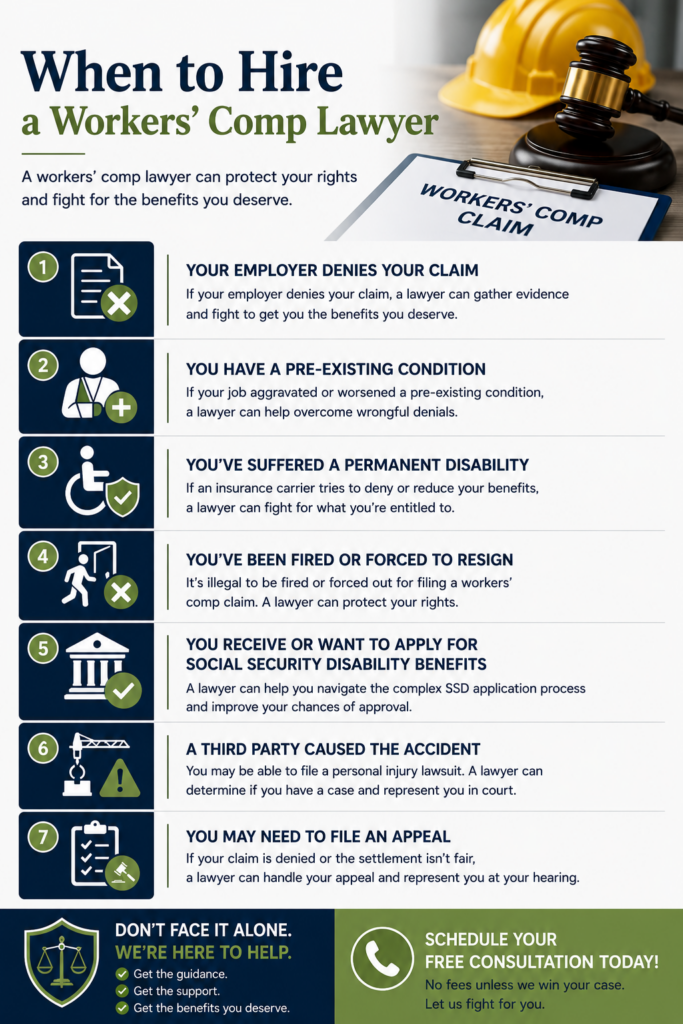 infograph showing situations when an injured worker should seek legal representation and hire a workers' compensation attorney. 