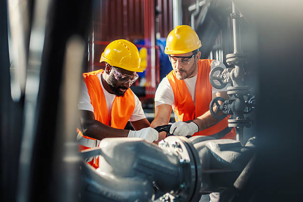 Industrial engineers working on machinery in factory Two skilled engineers in safety gear inspecting and maintaining industrial pipeline systems, ensuring efficient operation and teamwork in a modern factory setting. 